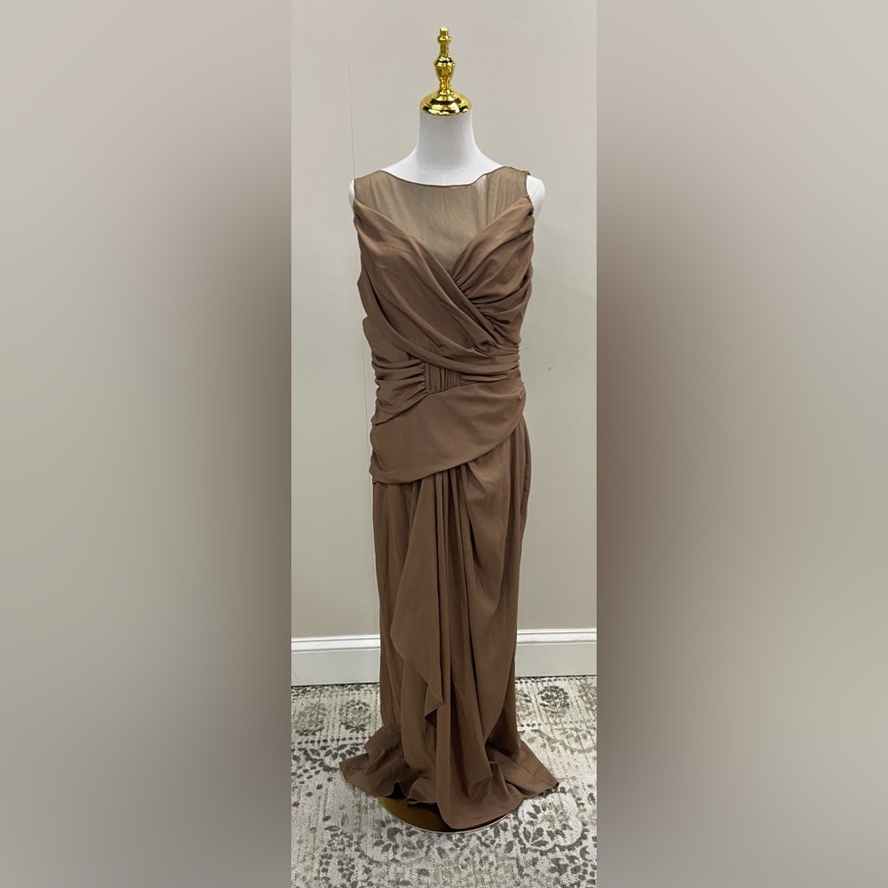 NWT Tadashi Shoji Taupe-Brown Draped Maxi Gown